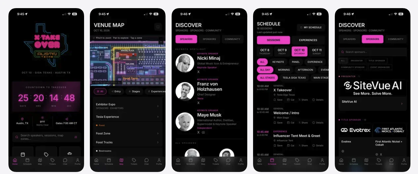 X Takeover app screens: home, venue map, speakers, schedule, and sponsors