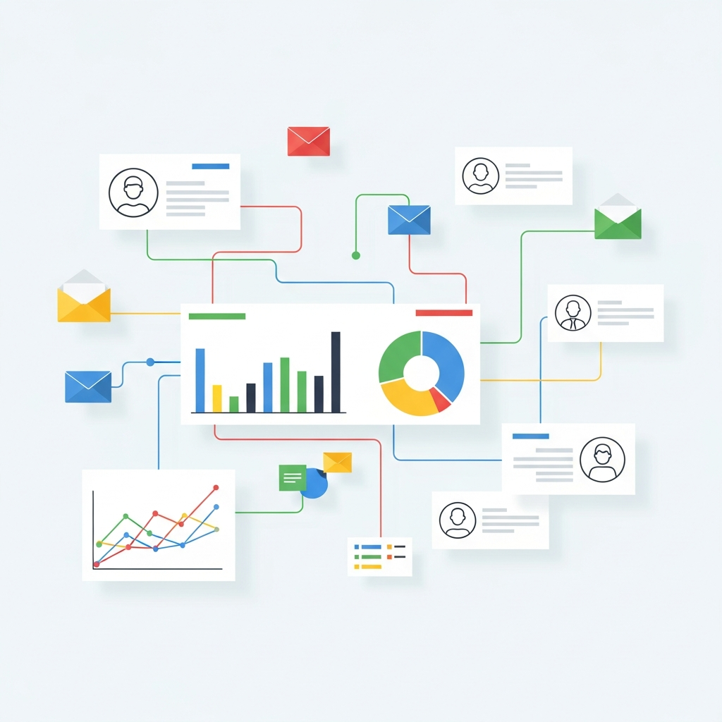 Marketing dashboard showing connected analytics, contacts, and communications