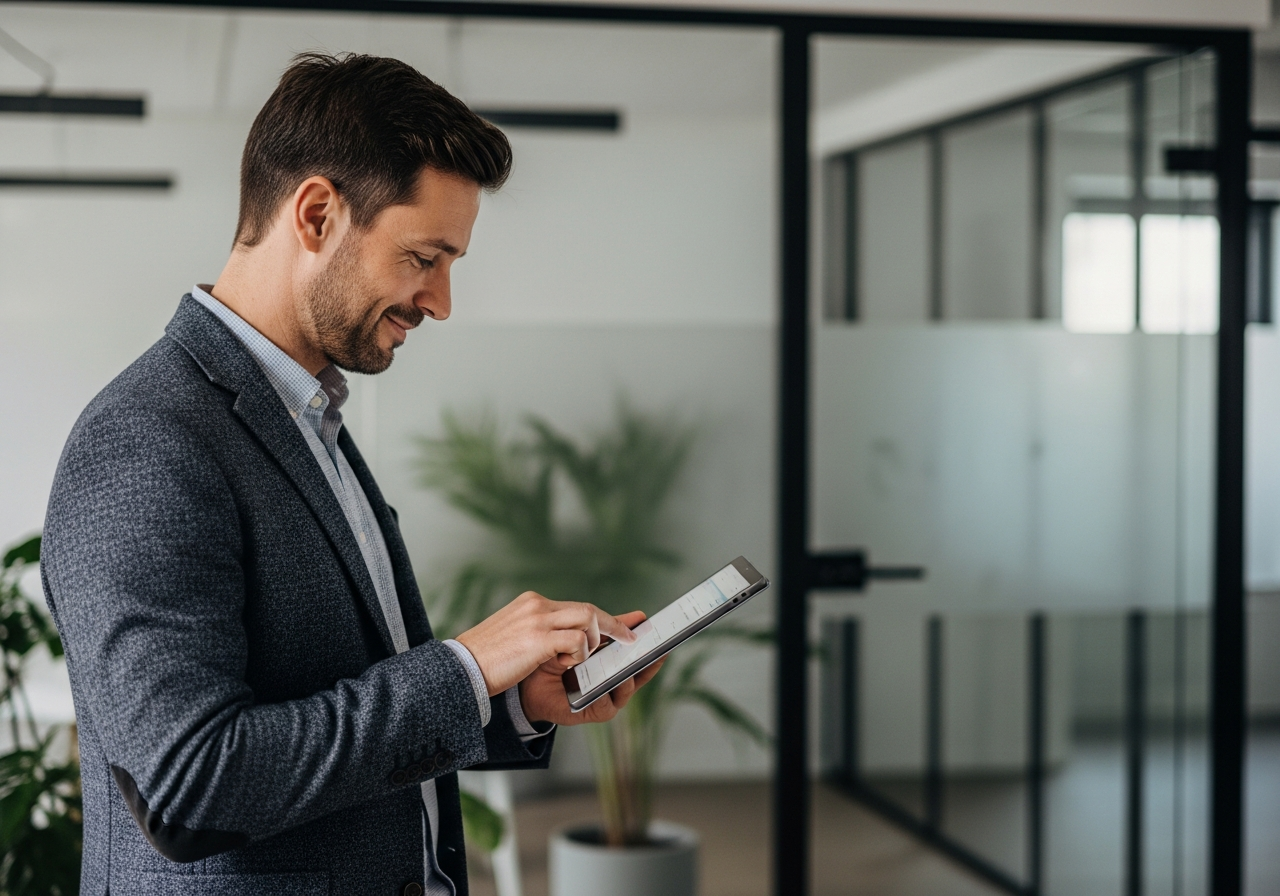 Executive checking how AI assistants describe his brand on a tablet