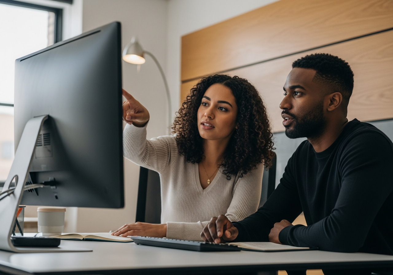 Two colleagues collaborating on integration dashboards in a modern office