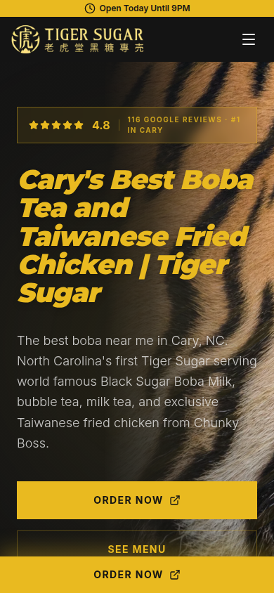 Tiger Sugar Cary website on a phone